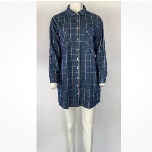 NWOT Ellison Sz M 100% Cotton Plaid Denim Mini Shirt Dress Blue Button Front